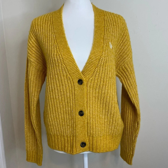 NWT U. S. Polo Assn Chunky Cozy Yellow Preppy Long Sleeve Cardigan Medium - Picture 1 of 15